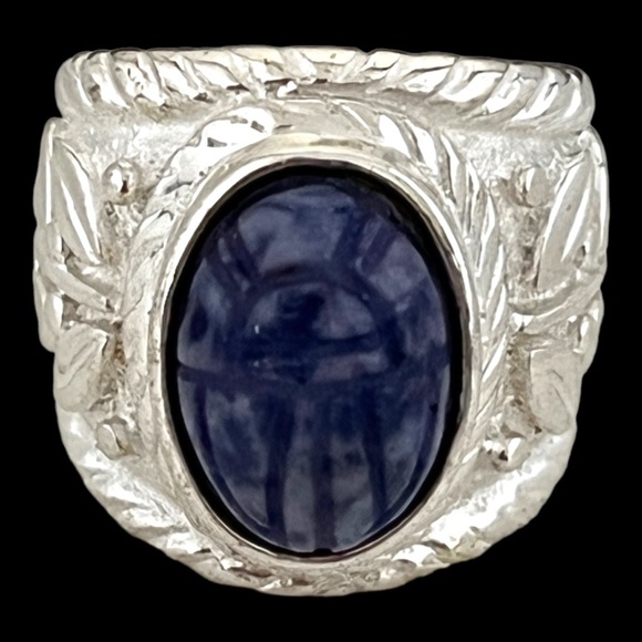 Vintage Scarab Ring Carved Scarab on Blue Natural Stone White Gold Plate - Picture 3 of 4